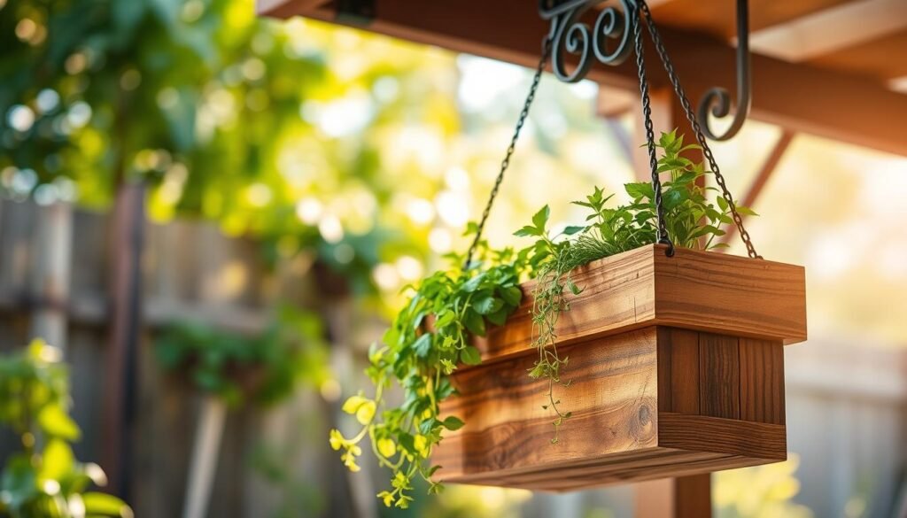 A beautifully crafted hanging planter box made from rustic cedar wood, displaying vibrant green herbs and trailing plants. In the foreground, the planter box hangs from a sturdy, elegantly designed wrought iron bracket, showcasing intricate details. The middle ground features a softly blurred garden backdrop with natural greenery, providing a serene, outdoor atmosphere. The lighting is warm and inviting, with soft sunlight filtering through, casting gentle highlights on the wood grain and plants. Angle the shot slightly from below to emphasize the height of the hanging planter, capturing the essence of vertical gardening. The overall mood is peaceful and refreshing, evoking the joys of gardening and outdoor living.