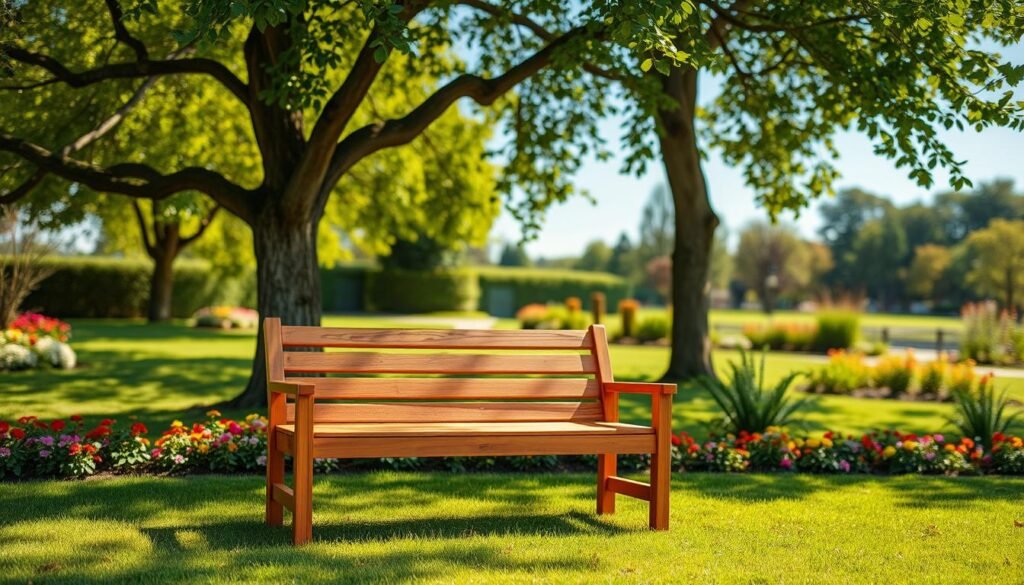 A beautifully crafted outdoor wood bench made from high-quality cedar, showcasing its rich grain and natural color variations. In the foreground, the bench sits on a lush green lawn, surrounded by colorful flowering plants. In the middle, the bench is positioned beneath a large, leafy tree, with dappled sunlight filtering through the branches, casting gentle shadows on the ground. In the background, a serene garden landscape with a clear blue sky enhances the peaceful ambiance. The image captures a warm, inviting mood, emphasizing the durability and aesthetic appeal of the wood. The scene is bright and airy, with soft natural light highlighting the texture of the bench and the vibrant colors of the garden. No people are present. A beautifully crafted outdoor wood bench made from high-quality cedar, showcasing its rich grain and natural color variations. In the foreground, the bench sits on a lush green lawn, surrounded by colorful flowering plants. In the middle, the bench is positioned beneath a large, leafy tree, with dappled sunlight filtering through the branches, casting gentle shadows on the ground. In the background, a serene garden landscape with a clear blue sky enhances the peaceful ambiance. The image captures a warm, inviting mood, emphasizing the durability and aesthetic appeal of the wood. The scene is bright and airy, with soft natural light highlighting the texture of the bench and the vibrant colors of the garden. No people are present.