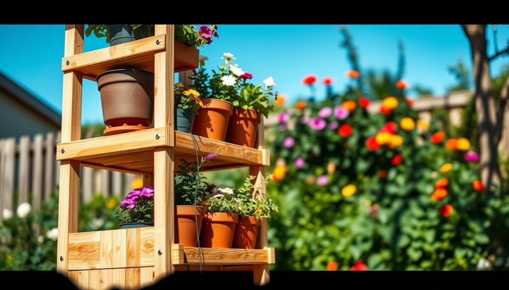 A beautifully crafted portable plant shelf made of natural wood, designed for outdoor use, stands in the foreground. The shelf features adjustable tiers, allowing various heights for displaying garden pots filled with vibrant flowers and lush greenery. Soft sunlight illuminates the scene, casting gentle shadows, while a blurred background showcases a serene garden with blooming plants and a clear blue sky. The mood is cheerful and inviting, perfect for a sunny day in the garden. The angle is slightly elevated to capture both the intricacy of the shelf and the vibrant plants it supports, emphasizing the versatility and portability of this DIY solution. The image conveys a sense of creativity and inspiration for gardening enthusiasts.