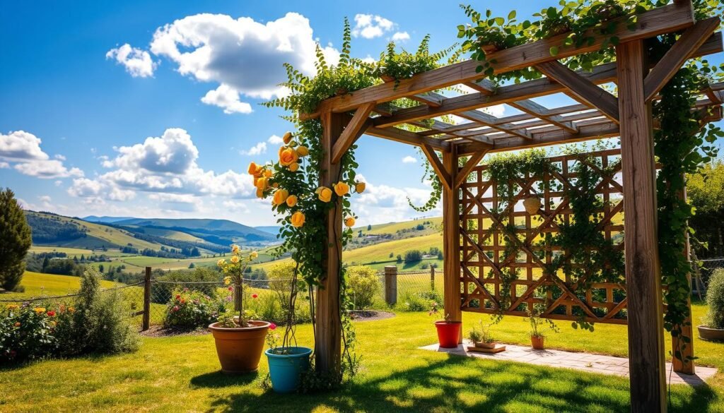 A beautifully crafted rustic farmhouse-style garden trellis made from weathered wood, adorned with climbing plants like yellow roses and green ivy. In the foreground, the trellis features intricate lattice patterns, showcasing a handmade quality, while colorful flower pots sit at the base. The middle ground captures a sunlit garden scene with soft shadows cast on the grass, highlighting the texture of the wooden structure. The background includes a serene landscape of rolling hills under a bright blue sky, with fluffy white clouds gently drifting by. The mood conveys tranquility and a sense of blooming vitality, enhanced by bright natural light filtering through the leaves, creating an airy and inviting atmosphere. Perfectly captured from a slight low angle for a dynamic perspective.