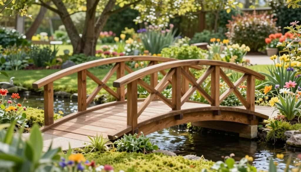 A beautifully crafted small wooden bridge designed for a compact garden setting, featuring intricate railings and a gently arched structure. In the foreground, lush greenery frames the bridge, with vibrant flowers in bloom and a soft carpet of moss beneath. The middle ground showcases the bridge spanning a delicate stream, reflecting dappled sunlight. In the background, a serene garden filled with mature trees and colorful shrubs creates a peaceful atmosphere. The image is bathed in bright natural light, accentuating the textures of the wood and the colors of the flora. Capture this scene from a slightly elevated angle, focusing on the harmonious blend of nature and design, evoking a sense of tranquility and charm in a DIY garden landscape.