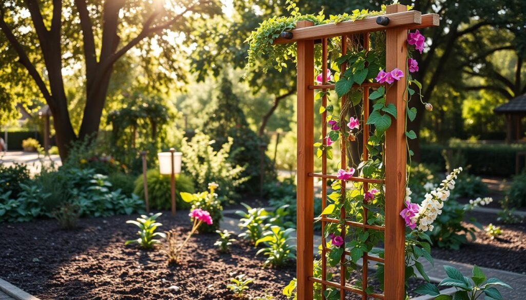 A beautifully crafted trellis stands prominently in the foreground, adorned with a variety of lush climbing plants, including vibrant green vines and colorful flowering climbers. The middle ground features a well-maintained garden bed, enriched with soil, displaying healthy growth and strategic plant placements. In the background, soft sunlight filters through leafy trees, creating a serene atmosphere with dappled light across the scene. The image captures a close-up angle, emphasizing the intricate details of the trellis structure and plants, showcasing tips for training and maintaining climbing plants. The overall mood is refreshing, inviting, and encourages a sense of DIY creativity, perfect for inspiring home gardening enthusiasts.