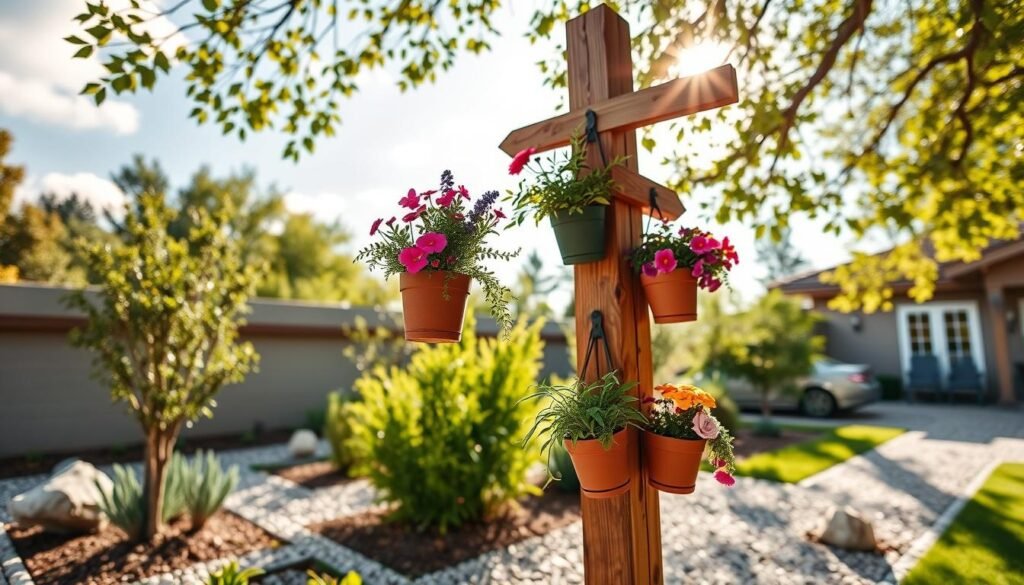 A beautifully crafted vertical garden sign post featuring integrated planters, set in a bright, natural outdoor space. The foreground showcases a rustic wooden sign post with multiple arms, each holding vibrant potted flowers and herbs. The planters are adorned with a mix of colorful blooms and lush greenery, enhancing the overall charm. In the middle ground, subtle details of a well-maintained garden with pebbled pathways and ornamental stones add depth. The background captures a sunny sky with soft sunlight filtering through leafy branches, creating a warm and inviting atmosphere. The scene is framed with a slight tilt from a low angle to emphasize the height of the sign post, conveying a sense of creativity and DIY spirit without any text or distractions.