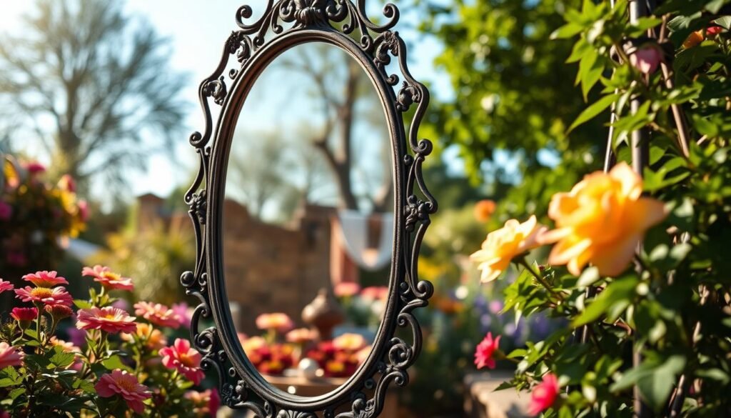A beautifully crafted vintage garden mirror framed in ornate wrought iron with a weathered patina. The foreground showcases the mirror reflecting soft sunlight, surrounded by vibrant blooming flowers and lush green foliage, creating an inviting outdoor ambiance. In the middle, the ornate frame has intricate floral designs, casting delicate shadows on the ground. The background features a serene garden setting with soft-focus trees and a clear blue sky, enhancing the peaceful atmosphere. The lighting is bright and natural, casting a warm glow that highlights the details of the mirror and the surrounding greenery. The image captures a sense of tranquility and elegance, perfect for showcasing a stylish garden decor option.