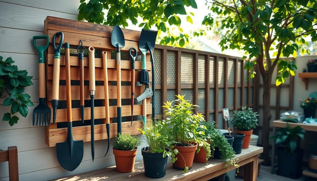 A beautifully crafted wall-mounted pallet garden tool organizer, made from rustic wooden pallets, displaying an array of neatly arranged gardening tools such as spades, rakes, and pruners. The foreground features the organizer with tools prominently mounted for easy access. In the middle, show vibrant potted plants and herbs to enhance the garden theme. The background reveals a clean, well-maintained backyard workspace with soft sunlight filtering through green leaves, casting gentle shadows on the wooden surface. Use a wide-angle lens to capture the dimensions of the organizer and the enchanting atmosphere of a serene, organized garden space. The mood is calm and inviting, perfect for DIY enthusiasts looking to enhance their outdoor areas.