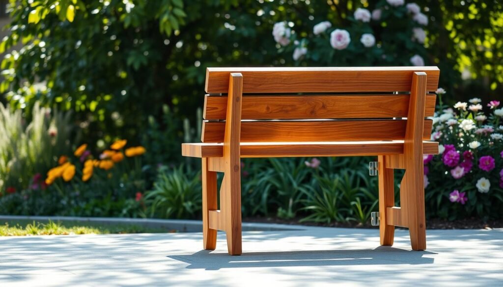 A beautifully crafted weather-resistant wood bench sits prominently in the foreground, showcasing its rich, textured grain and robust construction. The bench, designed for outdoor use, features a natural finish that reflects the warm hues of the wood, with subtle glimmers of sunlight highlighting its surfaces. Behind the bench, a serene garden setting blossoms with lush greenery and vibrant flowers, creating a tranquil atmosphere. Soft, diffused sunlight filters through the leaves, casting gentle shadows on the ground. The angle captures the bench from a slightly elevated perspective, emphasizing its sturdy legs and inviting seat. The overall mood is peaceful and inviting, perfect for enjoying the outdoors, with an emphasis on functionality and aesthetic appeal. A beautifully crafted weather-resistant wood bench sits prominently in the foreground, showcasing its rich, textured grain and robust construction. The bench, designed for outdoor use, features a natural finish that reflects the warm hues of the wood, with subtle glimmers of sunlight highlighting its surfaces. Behind the bench, a serene garden setting blossoms with lush greenery and vibrant flowers, creating a tranquil atmosphere. Soft, diffused sunlight filters through the leaves, casting gentle shadows on the ground. The angle captures the bench from a slightly elevated perspective, emphasizing its sturdy legs and inviting seat. The overall mood is peaceful and inviting, perfect for enjoying the outdoors, with an emphasis on functionality and aesthetic appeal.