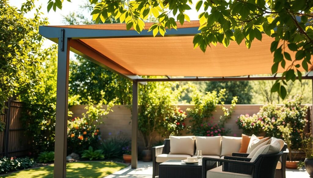 A beautifully crafted weatherproof shade frame in a serene backyard garden setting. In the foreground, the frame, made of durable materials like aluminum or treated wood, is adorned with a strong, weather-resistant canopy, complemented by subtle decorative accents. The middle ground features comfortable seating beneath the shade, with cushions in earthy tones enhancing the inviting atmosphere. The background showcases lush greenery and colorful flowers that create a vibrant, natural backdrop. Bright, natural light filters through the leaves, casting soft shadows on the ground. The scene evokes a peaceful and relaxing mood, ideal for enjoying outdoor gatherings. The composition is captured from a slight angle, emphasizing both the shade frame and the cozy seating area underneath, bathed in warm sunlight, highlighting its weatherproof features.