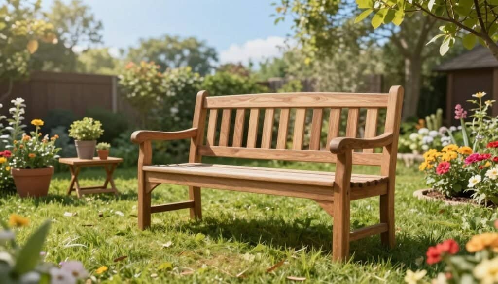 A beautifully crafted wooden garden bench sits prominently in the foreground, showcasing natural wood textures and simple, elegant lines. The bench is placed on a lush green lawn surrounded by vibrant flower beds, adding splashes of color to the scene. In the middle ground, a few potted plants and a small wooden side table enhance the outdoor setting, creating a cozy atmosphere for relaxation. The background features soft-focus trees and a clear blue sky, with rays of soft sunlight filtering through the leaves, giving the scene a warm and inviting feel. The image should be captured from a slightly elevated angle to highlight the bench's design and surrounding elements, embodying an airy, well-lit ambiance perfect for a backyard retreat.