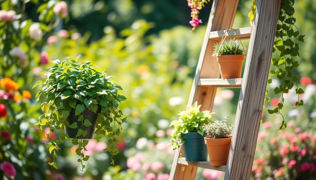 A beautifully crafted wooden ladder plant display, positioned in a sunlit outdoor garden. In the foreground, several potted plants cascade down the rungs of the ladder, showcasing a variety of lush greens and colorful blooms. The middle section features the ladder itself, made of weathered wood with a rustic finish, highlighting its craftsmanship and unique texture. In the background, a vibrant garden filled with flowers and greenery softly blurs, creating a peaceful and inviting atmosphere. Bright natural light filters through the leaves, casting gentle shadows and enhancing the details of the plants. The composition should evoke a sense of tranquility and creativity, ideal for DIY garden enthusiasts. The angle captures the ladder at a slight upward tilt, emphasizing its height and functionality in garden décor.
