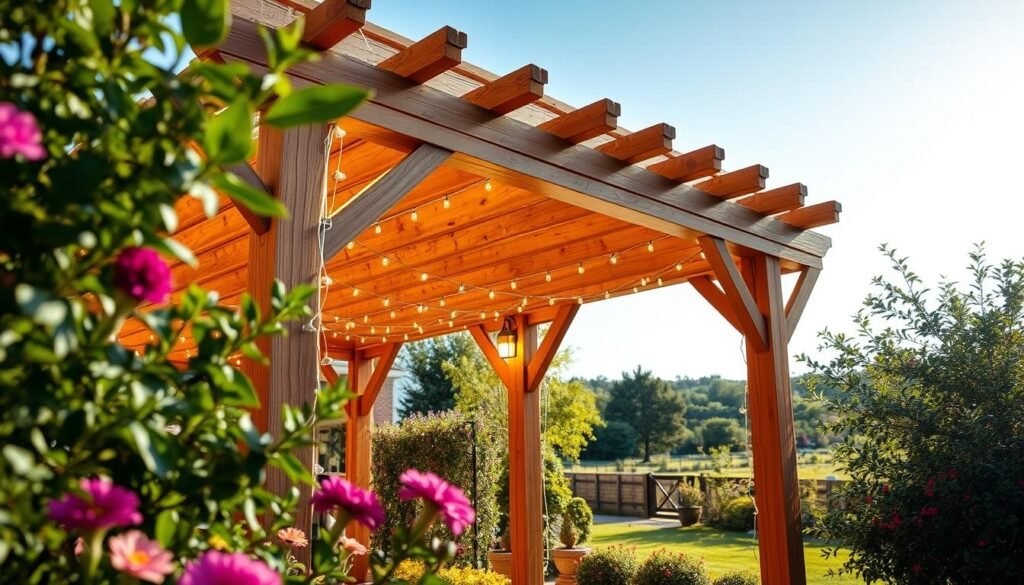 A beautifully crafted wooden pergola adorned with soft, glowing string lights, set in a lush garden corner. The structure features strong beams of rich, natural wood, with intricate joinery showcasing expert woodworking. In the foreground, vibrant flowers and greenery add color, complementing the warm tones of the pergola. The middle ground emphasizes the pergola’s design and lights, casting a gentle illumination that creates a cozy atmosphere. In the background, a serene garden landscape stretches out, illuminated by bright natural light and soft sunlight filtering through the leaves, imparting an airy and welcoming mood. Capture this scene from a slightly elevated angle, showcasing the pergola's grandeur while immersing the viewer in the peaceful garden setting.