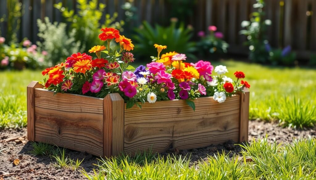 A beautifully crafted wooden planter box sits in a vibrant backyard garden, overflowing with colorful flowers such as marigolds, petunias, and geraniums. The foreground features the rustic texture of the weathered wood, with the box lovingly arranged on rich soil. In the middle ground, lush green grass surrounds the planter, enhancing its earthy vibe. In the background, soft sunlight bathes the scene, casting gentle shadows and highlighting the vivid colors of the flowers. The setting has an inviting, peaceful atmosphere, perfect for a DIY project. The image captures the essence of a simple and rewarding gardening venture, showcasing elements of nature and craftsmanship seamlessly in a bright and airy composition.