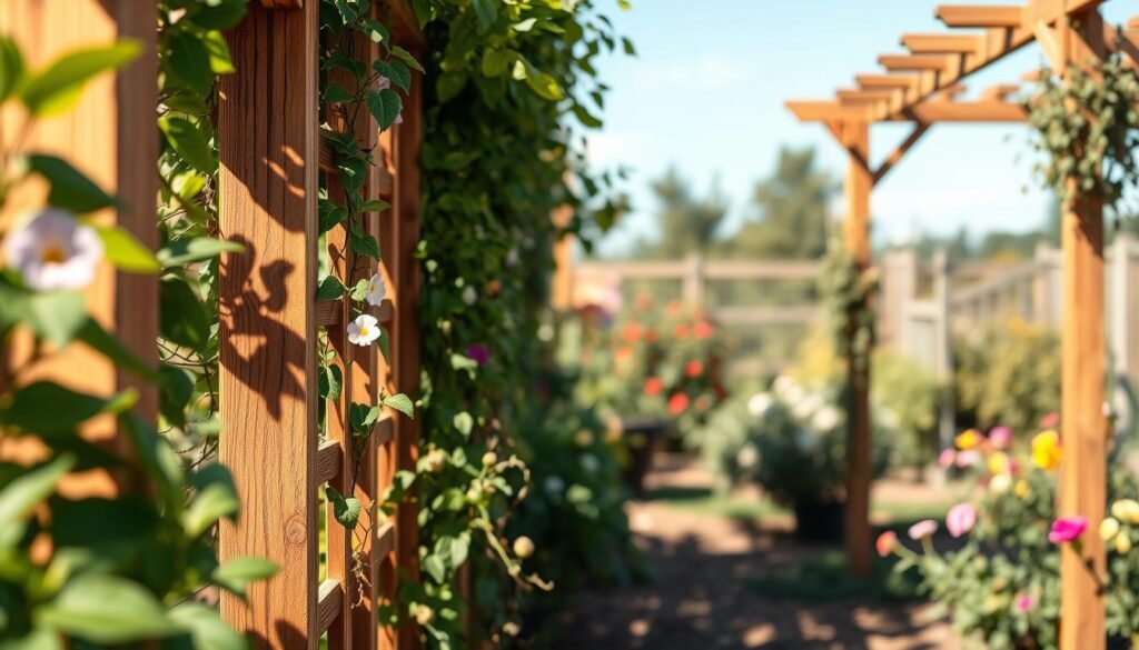 A beautifully crafted wooden trellis designed for climbing plants, showcasing a sturdy lattice structure with delicate vines and vibrant flowers intertwined. In the foreground, the trellis is framed by lush green garden foliage, emphasizing its purpose for support. In the middle ground, soft sunlight filters through the leaves, casting gentle shadows on the ground, enhancing the natural wood grain and rich texture of the trellis. In the background, a serene garden scene unfurls, featuring a hint of colorful blooming flowers and a clear blue sky, creating an uplifting atmosphere. The image captures the essence of a well-tended garden, inviting viewers to envision their own DIY trellis project. Shooting from a slight angle with a warm filter gives the image a cozy, inviting feel.