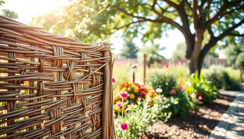A beautifully crafted woven branch and reed fencing section, showcasing intricate patterns made from natural materials. In the foreground, the textured details of the weaving are highlighted, displaying various shades of brown and green. The middle ground features a lush garden setting, with vibrant flowers and greenery that enhance the privacy screen aesthetic. In the background, soft sunlight filters through a tree canopy, casting gentle shadows on the ground. A bright, airy atmosphere envelops the scene, inviting a sense of tranquility and seclusion. The image is shot with a shallow depth of field, focusing sharply on the fencing while softly blurring the surrounding garden elements, creating a serene and inviting mood. A beautifully crafted woven branch and reed fencing section, showcasing intricate patterns made from natural materials. In the foreground, the textured details of the weaving are highlighted, displaying various shades of brown and green. The middle ground features a lush garden setting, with vibrant flowers and greenery that enhance the privacy screen aesthetic. In the background, soft sunlight filters through a tree canopy, casting gentle shadows on the ground. A bright, airy atmosphere envelops the scene, inviting a sense of tranquility and seclusion. The image is shot with a shallow depth of field, focusing sharply on the fencing while softly blurring the surrounding garden elements, creating a serene and inviting mood.
