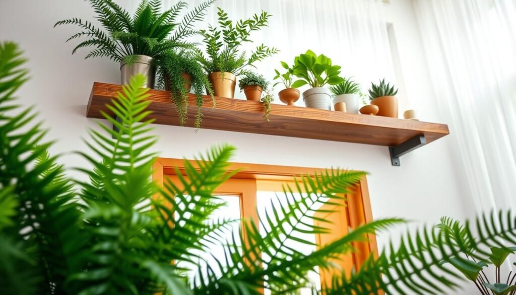 A beautifully decorated above-doorway shelf in a modern home interior, featuring an array of vibrant houseplants including ferns and succulents. The foreground showcases the lush green plants, with varied heights to create visual interest. In the middle scene, a rustic wooden shelf runs elegantly above a warm-colored doorway, adorned with decorative pots and a few small candles. The background reveals soft, airy curtains filtering bright natural light, illuminating the space with a gentle, inviting glow. The angle captures depth, emphasizing the vertical space utilization. The overall atmosphere is fresh and serene, perfect for a home that harmonizes nature with elegant decor.