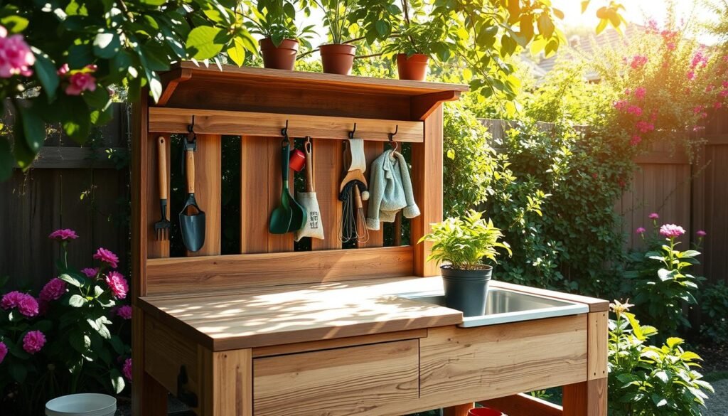 A beautifully designed DIY garden potting bench made of reclaimed wood, featuring a sturdy work surface, multiple shelves for plant pots, gardening tools hanging on hooks, and a small sink for easy cleanup. The scene is set in a lush backyard with vibrant flowers and greenery in the background, creating a serene outdoor atmosphere. Sunlight filters through leaves, casting soft shadows on the bench, highlighting the textures of the wood. A pot of freshly potted plants sits on the bench. The image captures a warm and inviting mood, portraying a perfect outdoor workstation for gardening enthusiasts. The angle is slightly elevated, providing a clear view of the potting bench's features while maintaining a sense of charm in the garden setting. A beautifully designed DIY garden potting bench made of reclaimed wood, featuring a sturdy work surface, multiple shelves for plant pots, gardening tools hanging on hooks, and a small sink for easy cleanup. The scene is set in a lush backyard with vibrant flowers and greenery in the background, creating a serene outdoor atmosphere. Sunlight filters through leaves, casting soft shadows on the bench, highlighting the textures of the wood. A pot of freshly potted plants sits on the bench. The image captures a warm and inviting mood, portraying a perfect outdoor workstation for gardening enthusiasts. The angle is slightly elevated, providing a clear view of the potting bench's features while maintaining a sense of charm in the garden setting.