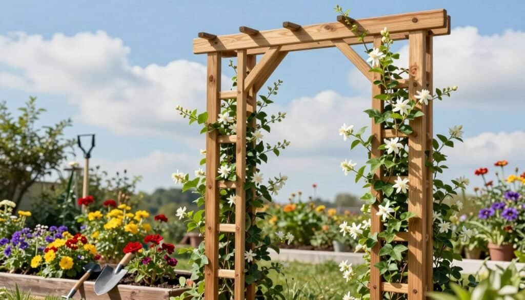 A beautifully designed DIY garden trellis frame for climbing plants, situated in a sunny backyard setting. In the foreground, the trellis is elegantly crafted from natural wood, featuring a rustic finish with visible knots and grain patterns. Climbing vines, such as blooming jasmine and green ivy, are entwined around the frame, showcasing their lush foliage. In the middle ground, colorful flower beds bloom with vibrant hues of red, yellow, and purple, while a few garden tools are placed nearby, hinting at a recent gardening project. The background features a clear blue sky and soft, fluffy clouds, enhancing the tranquil atmosphere. The lighting is bright and natural, casting soft shadows that emphasize the textures of the wood and plants. The scene evokes a sense of warmth and inspiration for gardening enthusiasts.