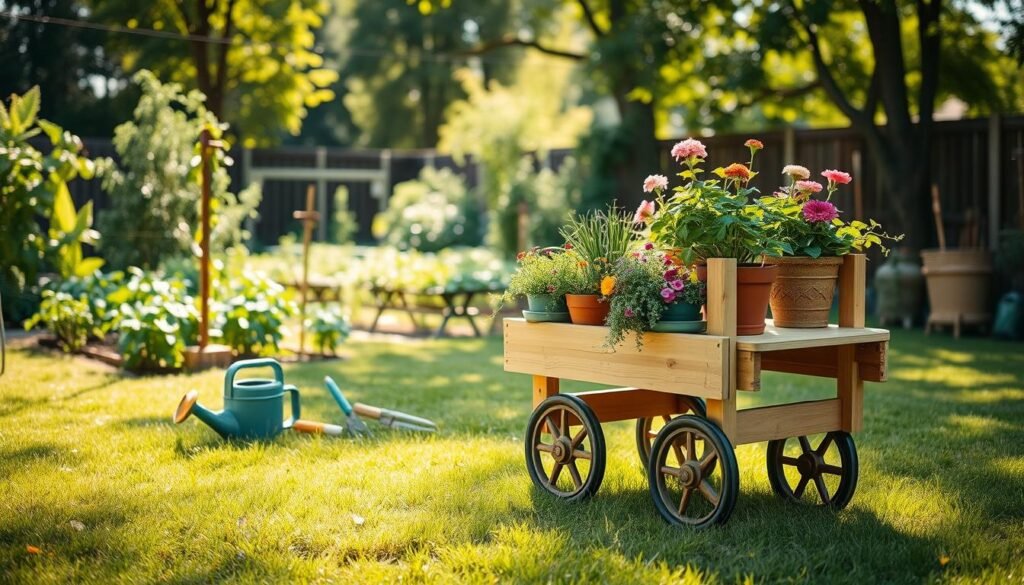 A beautifully designed DIY rolling plant cart sits in the foreground, showcasing several potted plants including herbs and colorful flowers. The cart is made from natural wood, with sturdy wheels, placed on a lush green lawn that reflects careful gardening maintenance. In the middle ground, there are gardening tools like a trowel, pruning shears, and a watering can neatly arranged. In the background, a soft-focus vegetable garden grows, bathed in bright natural light, with soft sunlight filtering through leafy trees, creating dappled shadows. The atmosphere is serene and inviting, evoking a sense of tranquility and joy in gardening. The camera angle is slightly elevated, capturing the rolling cart along with the vibrant scene, emphasizing the beauty of backyard gardening. A beautifully designed DIY rolling plant cart sits in the foreground, showcasing several potted plants including herbs and colorful flowers. The cart is made from natural wood, with sturdy wheels, placed on a lush green lawn that reflects careful gardening maintenance. In the middle ground, there are gardening tools like a trowel, pruning shears, and a watering can neatly arranged. In the background, a soft-focus vegetable garden grows, bathed in bright natural light, with soft sunlight filtering through leafy trees, creating dappled shadows. The atmosphere is serene and inviting, evoking a sense of tranquility and joy in gardening. The camera angle is slightly elevated, capturing the rolling cart along with the vibrant scene, emphasizing the beauty of backyard gardening.