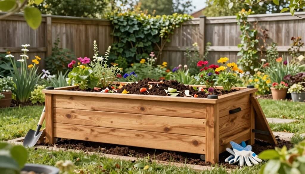 A beautifully designed backyard compost bin made of warm-toned, natural wood, set against a lush garden backdrop. In the foreground, the compost bin is open, showcasing rich, dark compost filled with vibrant organic materials like vegetable scraps and garden clippings. In the middle, colorful flowers and assorted greenery frame the compost bin, while a few rustic gardening tools, such as a trowel and gloves, lie nearby. In the background, a wooden fence partially covered in ivy adds privacy and charm. The scene is illuminated by bright, soft sunlight filtering through the trees, creating an inviting and serene atmosphere, capturing the essence of eco-friendly gardening. Use a low angle perspective to emphasize the compost bin’s appealing design against the beautiful garden setting.