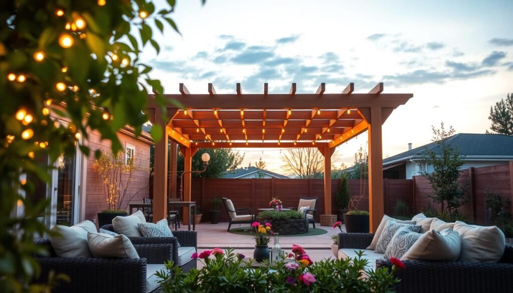 A beautifully designed backyard featuring a modern pergola adorned with warm string lights, casting a soft golden glow. In the foreground, cozy outdoor furniture with plush cushions invites relaxation, while a small, lush garden with colorful flowering plants adds vibrancy. The middle ground showcases the elegant pergola structure, constructed from natural wood, demonstrating its architectural lines and beams. The background reveals a serene evening sky transitioning to twilight, enhancing the atmosphere. Soft sunlight filters through the leaves, creating a harmonious blend of light and shadow. The image captures the charm and tranquility of a well-designed outdoor living space, perfect for gatherings or quiet evenings.