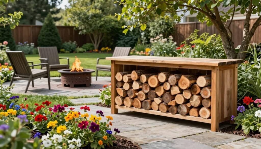 A beautifully designed backyard featuring an integrated firewood storage solution, showcasing a rustic wooden firewood rack nestled against a charming garden backdrop. In the foreground, vibrant flower beds bloom in rich colors, and neatly arranged logs fill the rack, invitingly stacked for easy access. In the middle ground, a stone patio with outdoor seating invites relaxation, and a fire pit sits ready for cozy evenings. The background reveals a lush, green lawn and tall trees swaying gently. The scene is bathed in bright natural light, with soft sunlight filtering through the foliage, creating a warm and inviting atmosphere. The angle captures the entire design perspective, emphasizing harmony between nature and functional outdoor storage.