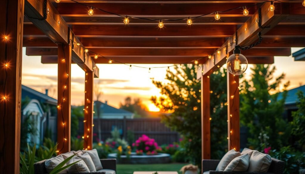 A beautifully designed backyard pergola adorned with warm, glowing string lights, creating a cozy and inviting atmosphere. In the foreground, elegant wooden beams of the pergola frame a seating area with plush outdoor cushions, inviting viewers to imagine relaxing evenings. The middle ground features lush greenery and colorful flowering plants, enhancing the garden’s charm. In the background, a sunset sky casts a golden hue, reminiscent of tranquil summer evenings. The lighting is soft and natural, highlighting the craftsmanship of the wooden structure. The scene is airy and well-lit, capturing a serene and harmonious ambiance ideal for outdoor gatherings. The perspective is slightly elevated, showcasing the depth and layout of the landscaped backyard space. A beautifully designed backyard pergola adorned with warm, glowing string lights, creating a cozy and inviting atmosphere. In the foreground, elegant wooden beams of the pergola frame a seating area with plush outdoor cushions, inviting viewers to imagine relaxing evenings. The middle ground features lush greenery and colorful flowering plants, enhancing the garden’s charm. In the background, a sunset sky casts a golden hue, reminiscent of tranquil summer evenings. The lighting is soft and natural, highlighting the craftsmanship of the wooden structure. The scene is airy and well-lit, capturing a serene and harmonious ambiance ideal for outdoor gatherings. The perspective is slightly elevated, showcasing the depth and layout of the landscaped backyard space.