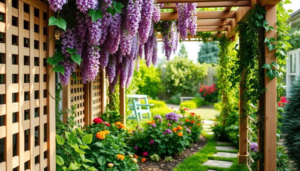 A beautifully designed backyard scene featuring elegant lattice screens adorned with vibrant climbing plants such as wisteria and ivy. In the foreground, detailed close-ups of the textured lattice work can be seen, showcasing the intersection of wood grains and plant tendrils. The middle ground highlights a lush, green garden filled with colorful flowers that complement the greenery of the climbing plants. Soft, diffused sunlight streams through the foliage, creating dappled shadows across the scene. In the background, there’s a hint of a quaint garden pathway lined with stones, enhancing the serene atmosphere. The image should evoke a sense of tranquility and creativity, showcasing a perfect blend of nature and handcrafted elegance, all captured with a wide-angle lens for depth and clarity.