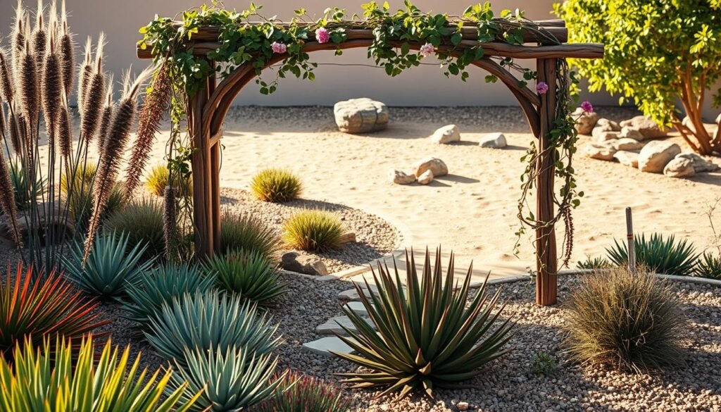 A beautifully designed dry garden landscape featuring a decorative garden archway as the focal point. In the foreground, vibrant succulents and ornamental grasses create a textured, drought-resistant environment. The middle ground showcases an intricately crafted wooden arch, adorned with climbing vines and flowers, inviting viewers into the space. In the background, a serene, sandy path leads to softly lit, sparse shrubs and stones, emphasizing the minimalist dry garden aesthetic. The scene is illuminated by bright natural light and soft sunlight filters through the arch, creating a warm and welcoming atmosphere. Capture this picturesque moment from a slightly elevated angle, conveying the peaceful essence of a well-planned backyard entrance. A beautifully designed dry garden landscape featuring a decorative garden archway as the focal point. In the foreground, vibrant succulents and ornamental grasses create a textured, drought-resistant environment. The middle ground showcases an intricately crafted wooden arch, adorned with climbing vines and flowers, inviting viewers into the space. In the background, a serene, sandy path leads to softly lit, sparse shrubs and stones, emphasizing the minimalist dry garden aesthetic. The scene is illuminated by bright natural light and soft sunlight filters through the arch, creating a warm and welcoming atmosphere. Capture this picturesque moment from a slightly elevated angle, conveying the peaceful essence of a well-planned backyard entrance.