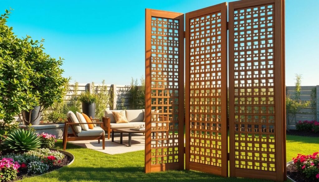 A beautifully designed folding screen divider made of natural wood, showcasing intricate lattice patterns. The screen is placed in a cozy backyard seating area, surrounded by lush green foliage and colorful flower beds, creating a sense of privacy and tranquility. In the foreground, the screen stands tall and elegant, with soft sunlight filtering through, casting gentle shadows on the grass below. In the middle ground, a comfortable seating arrangement of stylish, modest furniture complements the screen, inviting relaxation. The background features a clear blue sky, enhancing the bright, airy atmosphere of the scene. The composition should capture the charm of a well-lit outdoor space, emphasizing the versatility of folding screen dividers. A beautifully designed folding screen divider made of natural wood, showcasing intricate lattice patterns. The screen is placed in a cozy backyard seating area, surrounded by lush green foliage and colorful flower beds, creating a sense of privacy and tranquility. In the foreground, the screen stands tall and elegant, with soft sunlight filtering through, casting gentle shadows on the grass below. In the middle ground, a comfortable seating arrangement of stylish, modest furniture complements the screen, inviting relaxation. The background features a clear blue sky, enhancing the bright, airy atmosphere of the scene. The composition should capture the charm of a well-lit outdoor space, emphasizing the versatility of folding screen dividers.