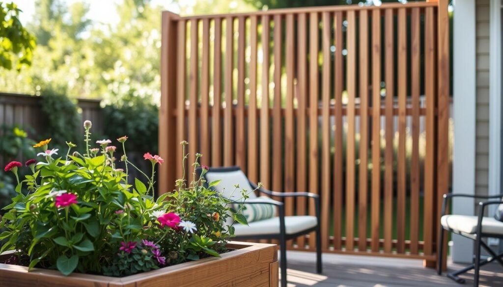 A beautifully designed functional planter box privacy screen, made from natural wood, dividing a serene backyard seating area. The foreground features a sturdy planter box filled with vibrant green plants and colorful flowers, providing visual interest and texture. In the middle ground, the elegant privacy screen stands tall, showcasing vertical slats that allow light to filter through while ensuring seclusion. The background reveals a lush garden with soft, natural light flooding the scene, enhancing the tranquil atmosphere. The image captures the scene from a slightly elevated angle, showcasing the craftsmanship of the woodwork and the harmonious connection to nature. The overall mood is inviting and serene, ideal for relaxation in a DIY garden environment. A beautifully designed functional planter box privacy screen, made from natural wood, dividing a serene backyard seating area. The foreground features a sturdy planter box filled with vibrant green plants and colorful flowers, providing visual interest and texture. In the middle ground, the elegant privacy screen stands tall, showcasing vertical slats that allow light to filter through while ensuring seclusion. The background reveals a lush garden with soft, natural light flooding the scene, enhancing the tranquil atmosphere. The image captures the scene from a slightly elevated angle, showcasing the craftsmanship of the woodwork and the harmonious connection to nature. The overall mood is inviting and serene, ideal for relaxation in a DIY garden environment.