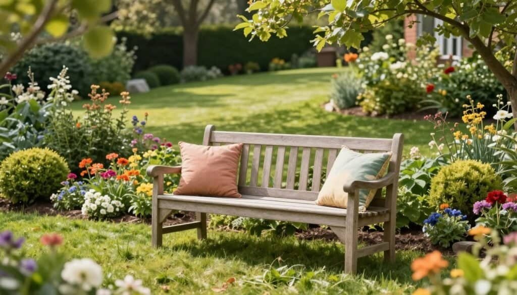 A beautifully designed garden bench set prominently in a lush backyard landscape. In the foreground, a rustic wooden bench adorned with soft, colorful cushions invites relaxation. The middle ground features vibrant flowers and carefully trimmed shrubs, adding a pop of color and a sense of serenity. The background reveals a gently sloping lawn under a canopy of trees, bathed in bright, natural light with soft sunlight filtering through the leaves, creating a warm, inviting atmosphere. The scene is captured from a slightly elevated angle to showcase the bench's placement against the picturesque garden setting, evoking a mood of tranquility and comfort ideal for backyard relaxation. No people are present, ensuring a focus on the bench and its surroundings.