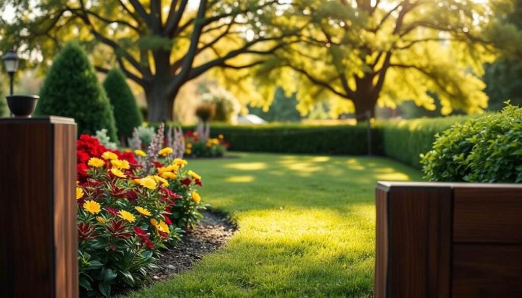 A beautifully designed garden border featuring rustic wooden edges, elegantly framing a vibrant flower bed. In the foreground, rich, textured wood borders hold back an array of colorful plants—deep reds, bright yellows, and soft purples—creating a striking visual contrast. The middle ground showcases a lush, green lawn complemented by neatly trimmed hedges, enhancing the garden's neat appearance. In the background, gentle sunlight filters through the leaves of nearby trees, casting a soft glow over the scene. The atmosphere is airy and peaceful, inviting a sense of tranquility. Use a shallow depth of field to emphasize the wooden border details while softly blurring the background. Capture the image with bright, natural lighting, evoking a warm and welcoming feeling.