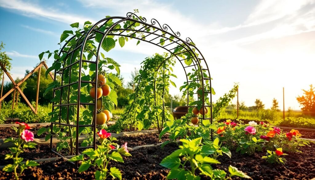 A beautifully designed garden cattle panel trellis arch, intricately constructed from robust metal panels, gracefully supporting vibrant green climbing plants, such as tomatoes and cucumbers. In the foreground, lush garden soil with flourishing vegetable beds, showcasing bright, ripe vegetables emerging from rich earth. The middle grounds feature the trellis arch vividly framed by blooming flowers, set against a backdrop of a sunny garden scene with a soft, blue sky and gentle wisps of clouds. Natural sunlight bathes the entire scene in a warm glow, creating a cheerful and inviting atmosphere. The angle is slightly elevated to capture the height of the arch, emphasizing its elegance and functionality in a DIY garden setup.