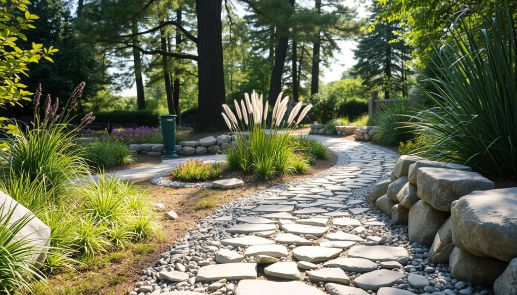 A beautifully designed garden pathway made of natural stone and pebbles, accentuated by lush greenery on both sides. In the foreground, focus on a winding path composed of irregularly shaped stones, interspersed with smooth pebbles, creating a harmonious and organic feel. The middle ground features vibrant flower beds and ornamental grasses, enhancing the natural aesthetics. In the background, tall trees softly filter bright, natural light, casting gentle shadows on the path. Capture this scene from a slightly elevated angle to include the overall layout of the garden. The atmosphere is serene and inviting, with soft sunlight illuminating the textures of the stones and pebbles, evoking a peaceful outdoor haven.