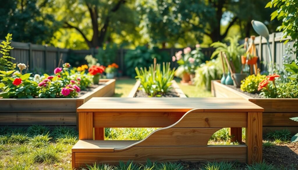 A beautifully designed garden step platform made from natural wood, gracefully placed in the foreground of a lush garden. The platform features two carefully arranged steps, inviting users to access raised garden beds filled with vibrant, colorful flowers and leafy greens. In the middle ground, verdant plant life and neatly organized gardening tools hint at an active gardening space. The background reveals a soft-focus view of a sun-drenched garden, with gentle sunlight filtering through leafy trees, creating a warm and inviting atmosphere. The image captures the essence of a tranquil backyard gardening experience, emphasizing comfort and accessibility. Use a wide-angle lens to enhance depth, while ensuring the scene is well-lit and airy, invoking a cheerful and productive mood.