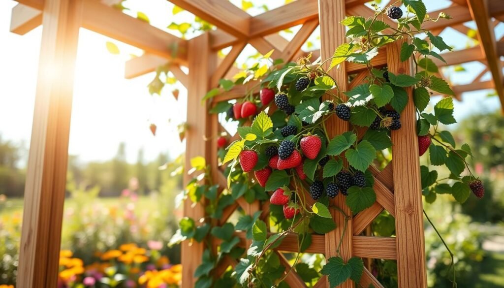 A beautifully designed garden trellis for climbing vines, featuring an intricate lattice structure made from natural wood, adorned with lush green leaves of various berry plants intertwined. In the foreground, show the textured wood grain of the trellis, with tendrils elegantly wrapping around the beams. In the middle, vibrant berries like strawberries and blackberries dot the greenery, showcasing ripeness and health. The background should be a softly blurred garden scene, filled with colorful flowers and a bright blue sky. The lighting captures warm, soft sunlight streaming through, creating a bright, airy atmosphere. The angle is slightly elevated, providing depth and perspective, highlighting the functional and aesthetic design of the trellis.