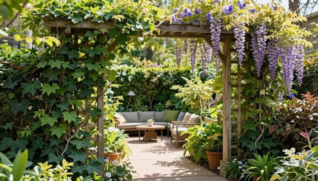 A beautifully designed garden trellis privacy wall, elegantly framing lush climbing plants like ivy and wisteria. In the foreground, the trellis features intricate woodwork and is adorned with colorful flowering vines. The middle section showcases a serene garden space with comfortable seating, surrounded by vibrant greenery, creating an inviting atmosphere. In the background, soft sunlight filters through leaves, casting gentle patterns on the ground. The angle captures a slightly elevated perspective, highlighting the privacy offered by the trellis while showcasing the garden's lush environment. The mood is tranquil and refreshing, reflecting a harmonious blend of nature and human creativity, with bright, natural lighting enhancing the scene's warmth and vibrancy.