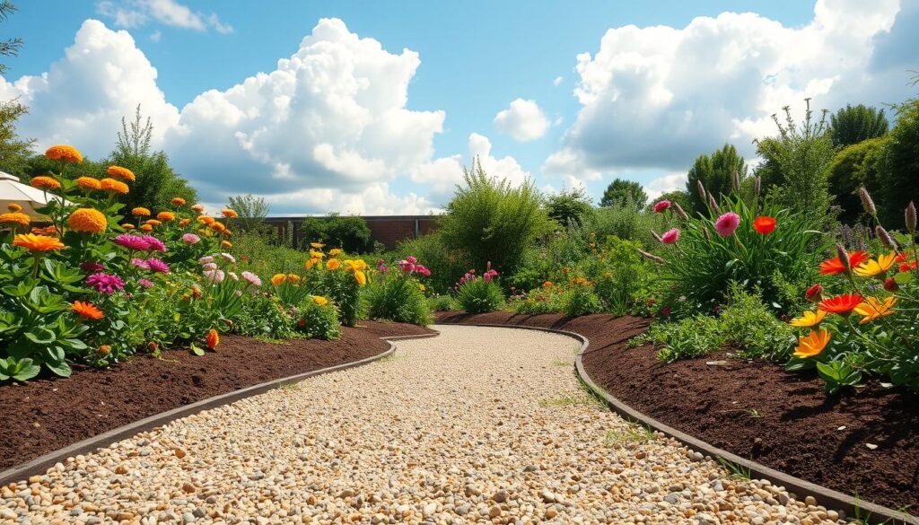 A beautifully designed gravel garden path meanders through a lush garden, showcasing various benefits of gravel paths. In the foreground, fine, dry gravel with varying colors and sizes creates an inviting walking surface. To the sides, flowering plants and greenery thrive, highlighting biodiversity and attracting pollinators. The middle ground features a gentle curve of the path surrounded by well-mulched garden beds filled with vibrant flowers and shrubs, emphasizing easy maintenance and natural aesthetics. In the background, a bright blue sky peeks through soft, fluffy clouds, illuminated by warm sunlight creating a cheerful atmosphere. The scene captures a tranquil and serene outdoor space, inviting viewers to consider the practicality and charm of gravel paths in their own gardens. The perspective is slightly elevated, providing a comprehensive view of the path’s integration into the landscape. A beautifully designed gravel garden path meanders through a lush garden, showcasing various benefits of gravel paths. In the foreground, fine, dry gravel with varying colors and sizes creates an inviting walking surface. To the sides, flowering plants and greenery thrive, highlighting biodiversity and attracting pollinators. The middle ground features a gentle curve of the path surrounded by well-mulched garden beds filled with vibrant flowers and shrubs, emphasizing easy maintenance and natural aesthetics. In the background, a bright blue sky peeks through soft, fluffy clouds, illuminated by warm sunlight creating a cheerful atmosphere. The scene captures a tranquil and serene outdoor space, inviting viewers to consider the practicality and charm of gravel paths in their own gardens. The perspective is slightly elevated, providing a comprehensive view of the path’s integration into the landscape.