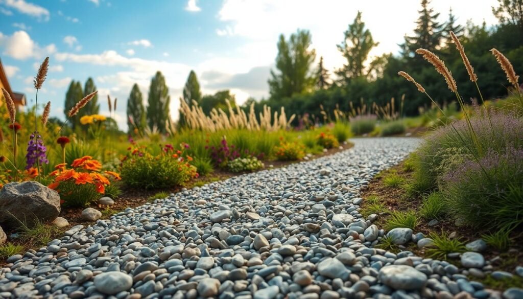 A beautifully designed gravel garden path, winding through a lush green garden. In the foreground, the path is lined with smooth, rounded pebbles and irregular stones, showcasing various textures and colors. In the middle ground, vibrant flowering plants and ornamental grasses contrast with the earthy tones of the gravel, creating a harmonious blend of nature. The background features a soft-focused backdrop of tall trees and a blue sky with gentle clouds, illuminated by warm, soft sunlight. The scene captures a serene and inviting atmosphere, ideal for outdoor gardening design inspiration. A bird's eye view angle emphasizes the path's curves and dimensions, providing a clear perspective for planning garden layouts. A beautifully designed gravel garden path, winding through a lush green garden. In the foreground, the path is lined with smooth, rounded pebbles and irregular stones, showcasing various textures and colors. In the middle ground, vibrant flowering plants and ornamental grasses contrast with the earthy tones of the gravel, creating a harmonious blend of nature. The background features a soft-focused backdrop of tall trees and a blue sky with gentle clouds, illuminated by warm, soft sunlight. The scene captures a serene and inviting atmosphere, ideal for outdoor gardening design inspiration. A bird's eye view angle emphasizes the path's curves and dimensions, providing a clear perspective for planning garden layouts.