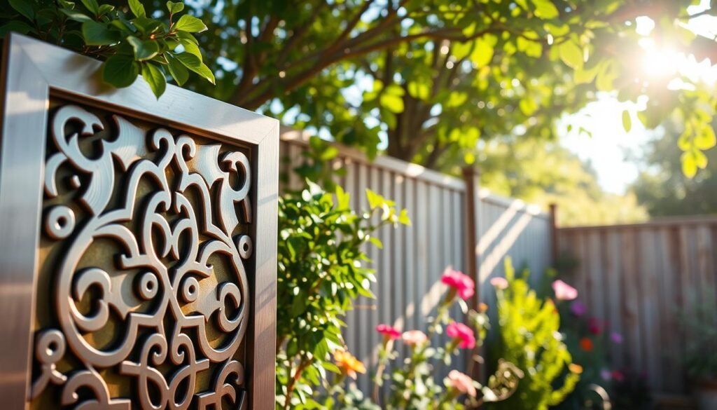 A beautifully designed metal and aluminum decorative panel insert is showcased prominently in the foreground, displaying intricate geometric patterns and a sleek, modern finish. The panel is adorned with a brushed aluminum texture that reflects light subtly, enhancing its aesthetic appeal. In the middle ground, a section of a DIY garden fence can be seen, partially obscured by vibrant green plants and colorful flowers that add a touch of nature. The background features a sunny backyard setting bathed in bright natural light, with soft sunlight filtering through leaves, creating a warm, inviting atmosphere. The angle captures the elegance of the panel while emphasizing the peaceful garden environment. The overall mood is one of tranquility and contemporary design, perfect for enhancing outdoor privacy.