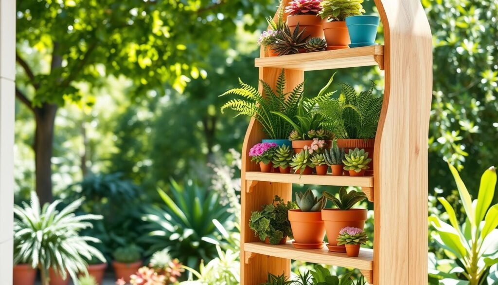 A beautifully designed multi-level plant shelf made of natural wood, featuring three distinct tiers filled with an array of vibrant green plants and colorful garden pots. In the foreground, showcase the shelf with lush ferns, succulents, and flowers arranged artfully on each level, capturing their textures and colors in detail. The middle ground highlights the shelf's craftsmanship, with a smooth finish and decorative elements like carved edges. The background reveals a lush outdoor garden filled with greenery, dappled sunlight filtering through the trees, creating a warm and inviting atmosphere. The image should be bright and airy, with soft sunlight enhancing the natural hues of the plants and wood, captured from a slightly elevated angle to emphasize the shelf's height and design.