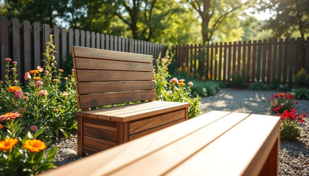 A beautifully designed outdoor bench, showcasing integrated storage beneath the seat. The bench features a rustic wooden finish with clean lines and a comfortable, inviting shape. It sits in a lush garden, surrounded by vibrant green plants and colorful flowers. In the foreground, the bench fills the scene, capturing the intricate details of the wood grain and the cleverly concealed storage space. The middle ground consists of blooming seasonal plants and small decorative stones, enhancing the outdoor atmosphere. In the background, a softly blurred fence and trees softly dappled by bright, natural light create a sense of tranquility. The image is illuminated with warm, soft sunlight, giving a serene and relaxed mood, perfectly illustrating functional outdoor furniture. A beautifully designed outdoor bench, showcasing integrated storage beneath the seat. The bench features a rustic wooden finish with clean lines and a comfortable, inviting shape. It sits in a lush garden, surrounded by vibrant green plants and colorful flowers. In the foreground, the bench fills the scene, capturing the intricate details of the wood grain and the cleverly concealed storage space. The middle ground consists of blooming seasonal plants and small decorative stones, enhancing the outdoor atmosphere. In the background, a softly blurred fence and trees softly dappled by bright, natural light create a sense of tranquility. The image is illuminated with warm, soft sunlight, giving a serene and relaxed mood, perfectly illustrating functional outdoor furniture.