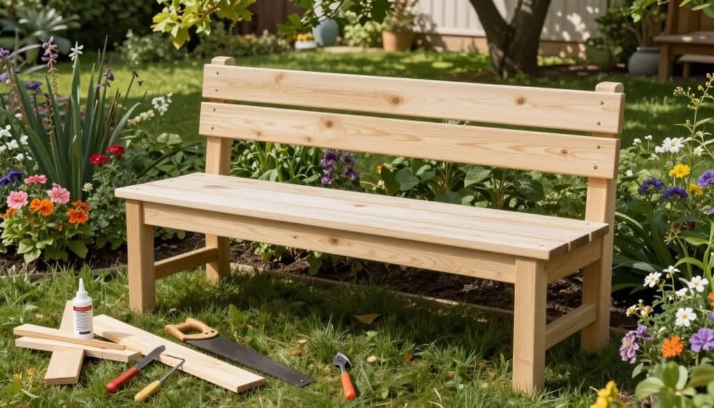 A beautifully designed outdoor garden bench made from light-colored wood, showcasing clean lines and a spacious surface ideal for relaxation. The bench is positioned in the foreground, surrounded by lush greenery, colorful flowers, and soft grass. In the middle ground, a selection of tools and materials for a DIY project is scattered artistically, including wood planks, a saw, and wood glue, emphasizing a creative atmosphere. In the background, a serene garden setting features dappled sunlight filtering through tree leaves, creating a warm and inviting mood. The image captures the essence of a tranquil backyard retreat, presented in bright, natural light with an airy feel, shot from a slightly elevated angle to highlight the bench's design and surrounding elements.