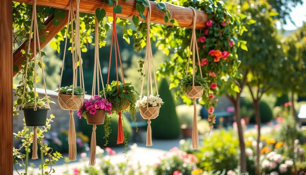 A beautifully designed outdoor garden scene featuring an array of creative hanging plants. In the foreground, showcase a rustic wooden beam adorned with various flowering plants in colorful macramé hangers, emphasizing natural textures and shapes. The middle ground includes cascading vines and lush foliage, creating a vibrant tapestry of green against a sunny backdrop. In the background, a soft blur of a well-maintained garden with blooming flowers and leafy trees enhances the inviting atmosphere. The image is illuminated by bright natural light, with soft sunlight filtering through the leaves, casting gentle shadows. Aim for a warm and cheerful mood, ideal for inspiring outdoor décor enthusiasts. Capture the scene with a slightly angled perspective to add depth, using a crisp and realistic photographic style.