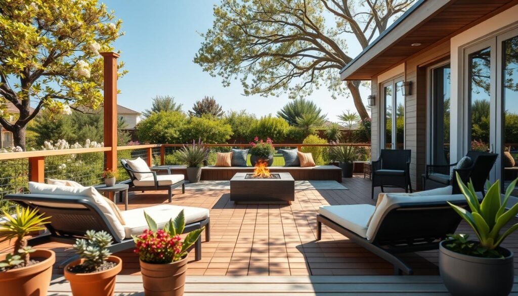 A beautifully designed outdoor living space featuring a modern wooden deck, with elegant seating arrangements including comfortable lounge chairs and a stylish outdoor dining table. The foreground showcases potted plants and small decorative elements that enhance the aesthetic. In the middle, a fire pit adds warmth and a cozy gathering spot, surrounded by soft cushions. The background reveals a lush garden with blooming flowers and greenery, under a clear blue sky. The scene is bathed in bright natural light, with soft sunlight filtering through tree branches, creating a serene and inviting atmosphere. The angle is slightly elevated to capture the entire space, emphasizing functionality and comfort in outdoor living enhancements.
