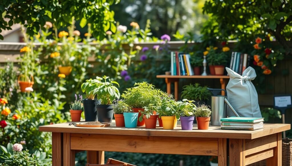 A beautifully designed outdoor potting bench in a garden setting, showcasing a practical and efficient work surface. The foreground features a sturdy wooden workbench adorned with potted plants, gardening tools, and soil bags neatly organized. The middle layer captures vibrant herbs growing in colorful pots and a watering can, while a small wooden shelf displays a collection of gardening books. In the background, a lush garden filled with flourishing greenery and flowers create a serene atmosphere. Soft sunlight filtering through the leaves casts gentle shadows, enhancing the warmth of the scene. The image should have a bright and airy feel, evoking a sense of tranquility and inspiration for DIY gardening enthusiasts. Lens focus on the work surface, with a shallow depth of field. A beautifully designed outdoor potting bench in a garden setting, showcasing a practical and efficient work surface. The foreground features a sturdy wooden workbench adorned with potted plants, gardening tools, and soil bags neatly organized. The middle layer captures vibrant herbs growing in colorful pots and a watering can, while a small wooden shelf displays a collection of gardening books. In the background, a lush garden filled with flourishing greenery and flowers create a serene atmosphere. Soft sunlight filtering through the leaves casts gentle shadows, enhancing the warmth of the scene. The image should have a bright and airy feel, evoking a sense of tranquility and inspiration for DIY gardening enthusiasts. Lens focus on the work surface, with a shallow depth of field.