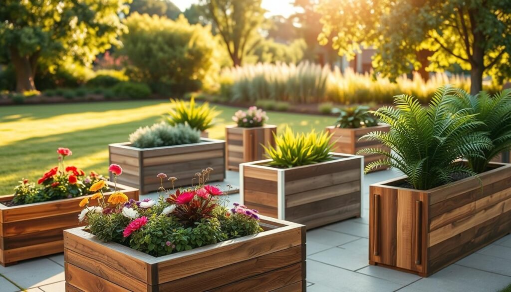 A beautifully designed outdoor space featuring several stylish planter boxes made of different types of wood, showcasing various plant arrangements, including vibrant flowers and lush greenery. In the foreground, a rustic wooden planter box with colorful flowers contrasts with sleek modern planters with elegant ferns. The middle ground displays a variety of planter box styles, from traditional to contemporary, all filled with thriving plants. The background features a serene garden setting under soft golden sunlight, with lush grass and trees providing a natural frame. The mood is inviting and tranquil, highlighting the transformative effect of planter boxes on garden spaces. The scene is captured with a wide-angle lens to emphasize depth and a bright, airy atmosphere.