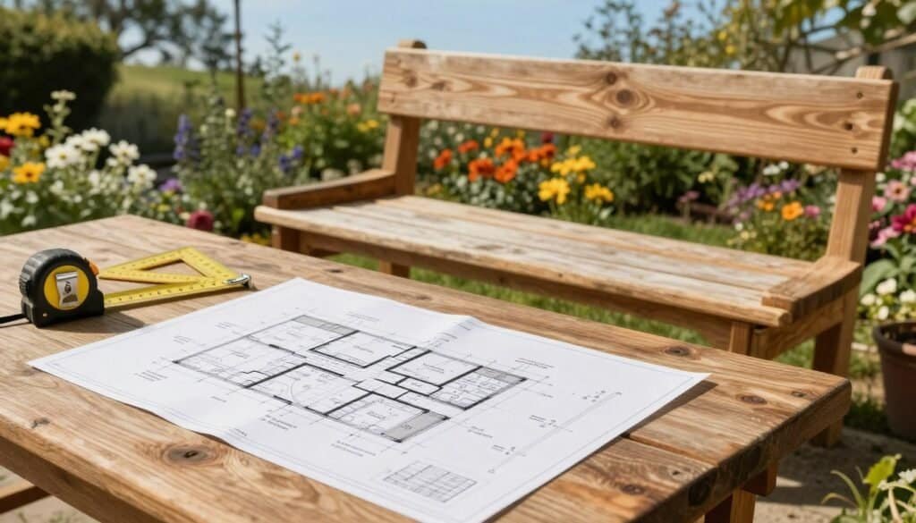 A beautifully designed outdoor wooden bench plan laid out on a rustic table, showcasing detailed measurements, angles, and construction notes. In the foreground, a close-up of the plans features neatly drafted lines and annotations, with a set of woodworking tools like a tape measure and carpenter's square beside it. The middle ground shows a partially assembled bench with a natural wood finish, highlighting textures and grains. In the background, a sunlit garden full of vibrant flowers and greenery creates a serene atmosphere, complemented by a soft, clear blue sky. The lighting is bright and airy, accentuating the warmth of the wood and evoking a sense of relaxation and outdoor comfort.