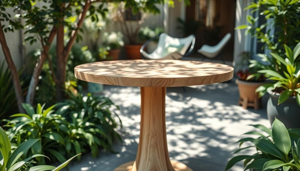 A beautifully designed pedestal table situated on a small patio surrounded by vibrant greenery. The table features a sleek, modern design with a round top made of light wood and a sturdy pedestal base. Sunlight filters through nearby trees, casting soft shadows on the surface, enhancing the warm, inviting tones of the wood. In the background, a cozy seating area is visible with stylish chairs and potted plants, contributing to a serene garden atmosphere. The scene is presented from a slightly elevated angle, showcasing the table's intricate craftsmanship and the overall inviting ambiance of the outdoor space. The lighting is bright and natural, highlighting the textures of the wood and the lush greenery around it. A beautifully designed pedestal table situated on a small patio surrounded by vibrant greenery. The table features a sleek, modern design with a round top made of light wood and a sturdy pedestal base. Sunlight filters through nearby trees, casting soft shadows on the surface, enhancing the warm, inviting tones of the wood. In the background, a cozy seating area is visible with stylish chairs and potted plants, contributing to a serene garden atmosphere. The scene is presented from a slightly elevated angle, showcasing the table's intricate craftsmanship and the overall inviting ambiance of the outdoor space. The lighting is bright and natural, highlighting the textures of the wood and the lush greenery around it.