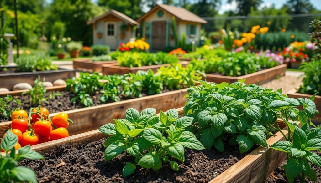 A beautifully designed raised bed kitchen garden, showcasing a variety of lush, vibrant vegetables and herbs, such as tomatoes, lettuce, bell peppers, and basil, arranged in well-structured wooden raised beds. In the foreground, focus on the rich soil and thriving plants, highlighting their textures and colors. The middle ground features several raised beds organized in a thoughtful layout, surrounded by decorative stones and pathways. The background includes a soft blur of a quaint garden shed and blooming flowers under a bright, sunny sky, creating a warm and inviting atmosphere. Use soft sunlight filtering through leaves to enhance the colors, shot from a slightly elevated angle to capture the overall arrangement. The scene radiates a sense of tranquility and productivity, perfect for aspiring gardeners.