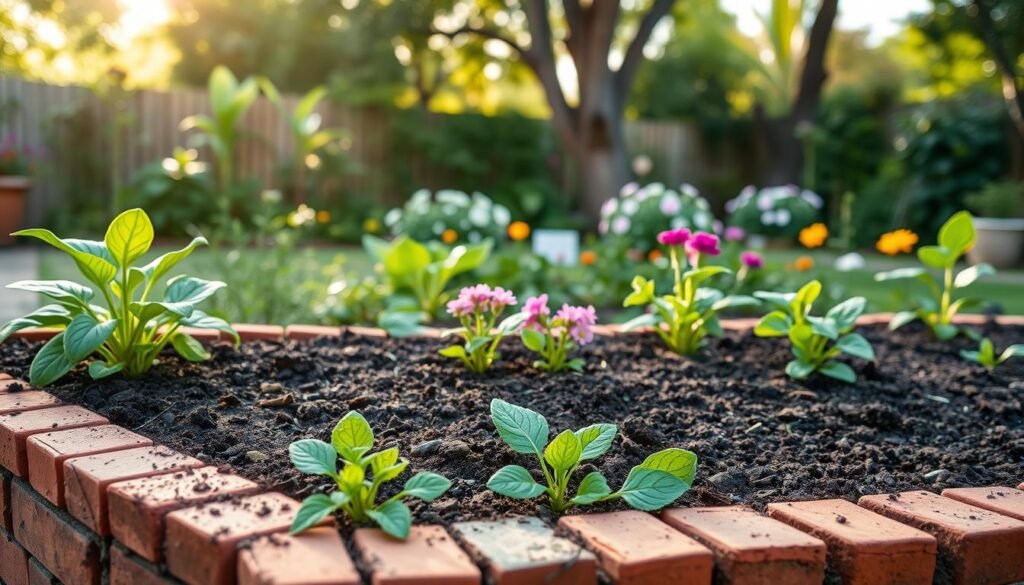 A beautifully designed raised brick garden bed nestled in a tranquil backyard setting. The foreground showcases the meticulously arranged brickwork, featuring a mix of red and brown bricks, with soil rich and dark, ready for planting. Vibrant green vegetable plants peek over the edges, enhancing the earthy tones. In the middle ground, a variety of colorful flowers complement the vegetables, adding life to the scene. The background features a gently lit garden area with lush greenery and soft sunlight filtering through the trees, creating a warm, inviting atmosphere. The image is captured at a slightly elevated angle, highlighting the structured beauty of the garden bed. The entire scene conveys a sense of creativity and serenity, ideal for a DIY gardening project.